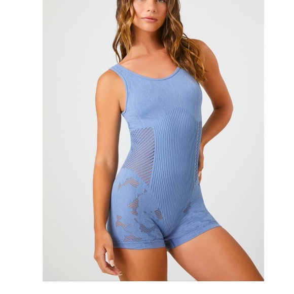 Blue ribbed bodysuit active romper mesh lace sides - Picture 1 of 4